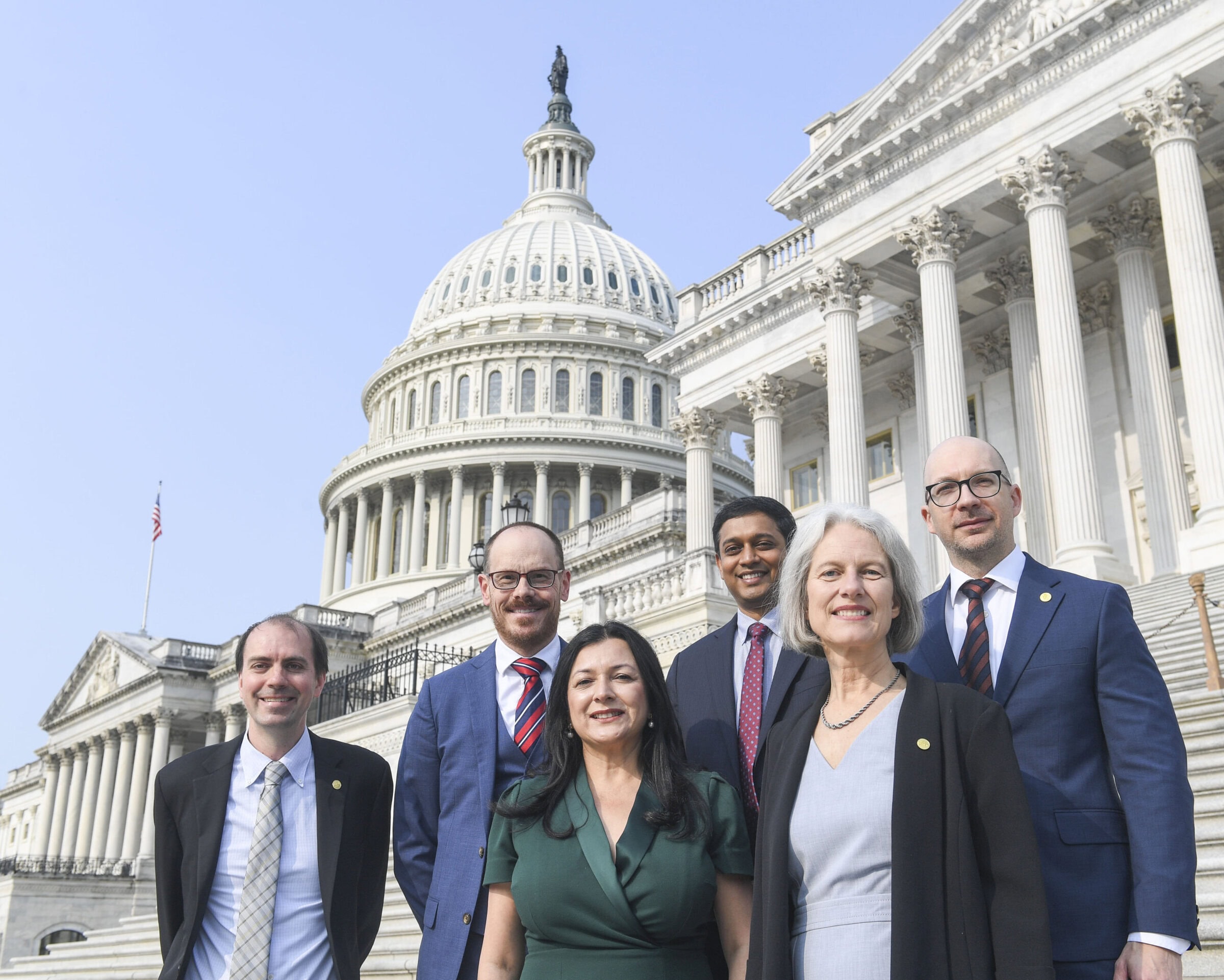 Members of ASNC's Health Policy Committee on Capitol Hill. From left: Daniel Huck, MD, MPH, David E. Winchester, MD, MS, FASNC, Suman Tandon, MD, FASNC, Vikas Veeranna, MD, Friederike Keating, MD, FASNC, and Attila Feher, MD, PhD