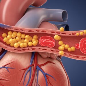 Illustration of a human heart and artery with blood cells and plaque buildup. Illustration of a human heart and artery with blood cells and plaque buildup.